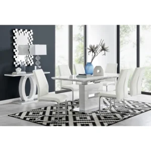 Areza High Gloss Extendable Dining Table Set with 8 Luxury Faux Leather Dining Chairs