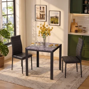 Faux Marble Dining Table Set 3 Piece, Modern Small Kitchen Table with 2 PU Upholstered Chairs, Space-Saving Square Set for Apartment
