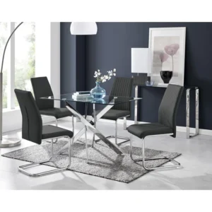 Lenworth Modern Metal and Glass Dining Table Set with 4 Luxury Faux Leather Dining Chairs