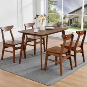 Mid-Century Solid Wood Rectangular Table 4 Chairs Dining Set