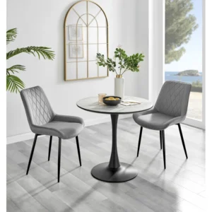 White Marble Effect Round Dining Table And 2 Luxury Velvet Dining Chairs